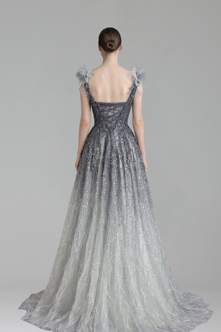 Feather Beaded Formal Gown