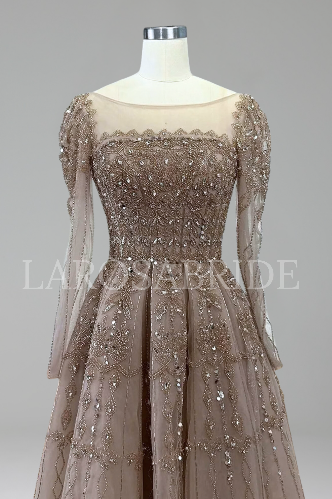 Caramel A-Line Beaded Evening Gown with Lace-Up Back - LAROSABRIDE