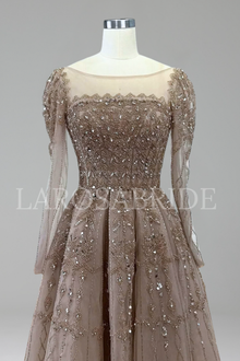 Caramel A-Line Beaded Evening Gown with Lace-Up Back - LAROSABRIDE