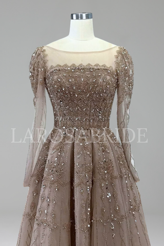 Caramel A-Line Beaded Evening Gown with Lace-Up Back - LAROSABRIDE