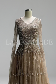 Beaded Cape Long Sleeve Dress - LAROSABRIDE