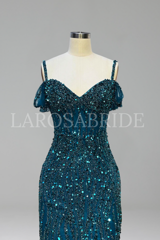 Feather Beaded Split Mermaid Gown