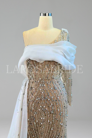 Pearl Beaded One Shoulder Dress - LAROSABRIDE