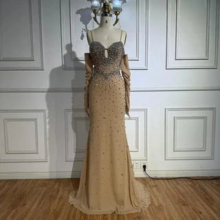 Nude Long Sleeve Beaded Dress