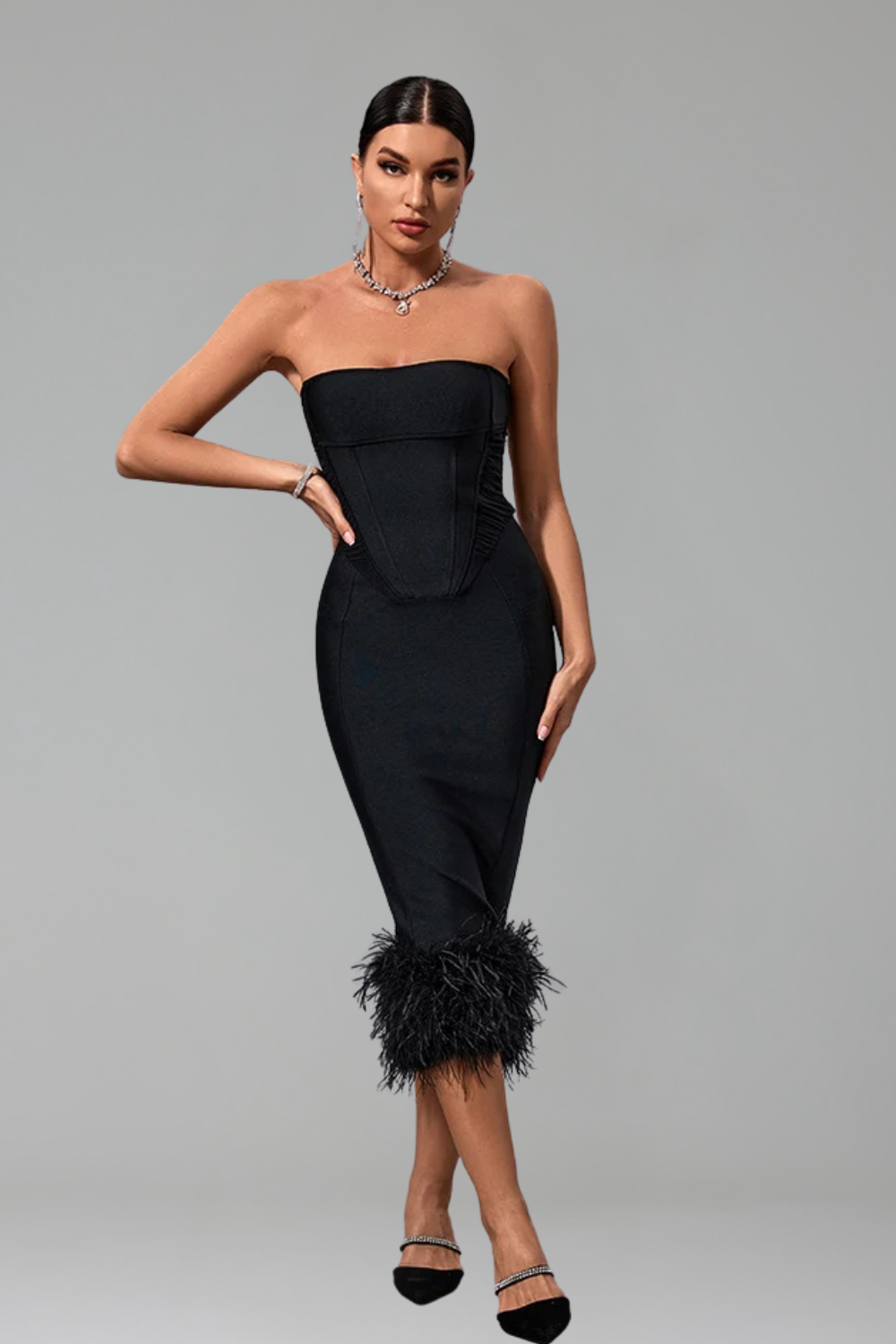 Strapless Feather-Hem Midi-Larosabride