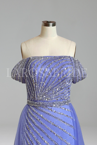 Boat Neck Beaded Split Gown - LAROSABRIDE