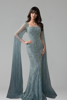 Pearl Beaded Cape-Sleeve Mermaid Dress-Larosabride