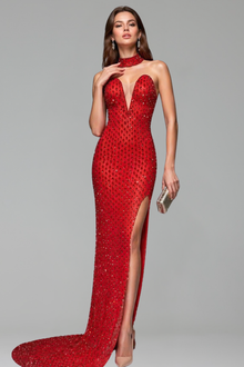 Crystal Halter Slit Gown with Train - LAROSABRIDE