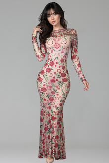 Floral Crystal Embellished Sheer Maxi Dress - LAROSABRIDE