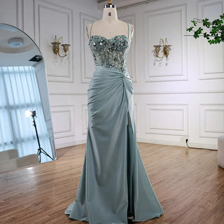 Ships in 2 to 5 Days - Luxury Light Green Satin Prom Dress – Lace Sequin Spaghetti Strap Evening Gown with Slit