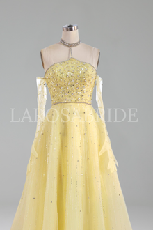 Beaded Yellow Halter Dress with Gloves - LAROSABRIDE