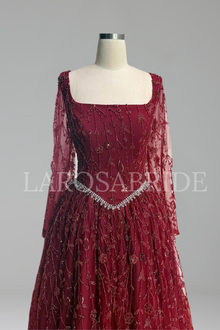 Beaded Long Sleeve Evening Dress - LAROSABRIDE