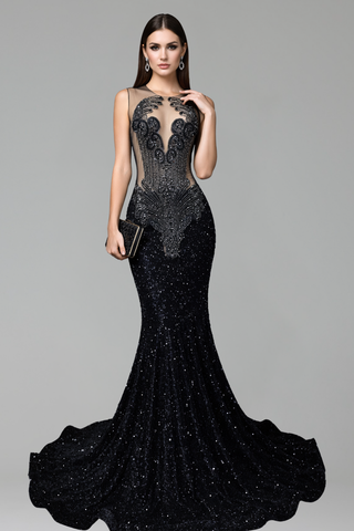 Black Beaded Mermaid Evening Dress - LAROSABRIDE