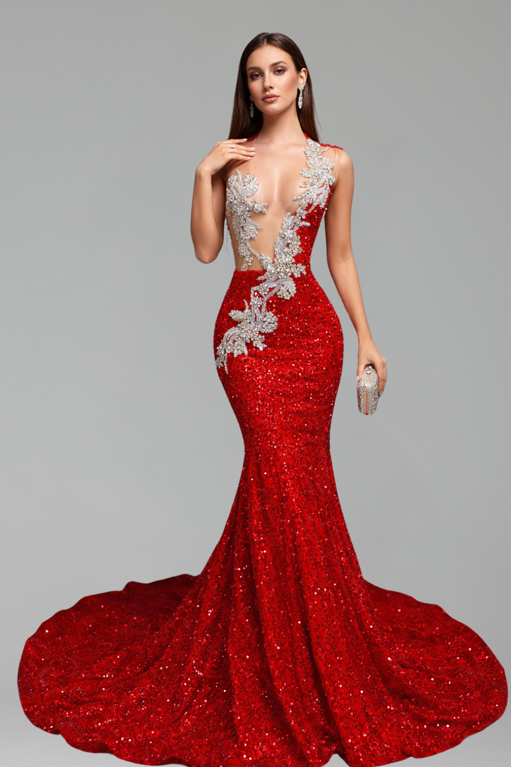 Sequin Plunge Neck Floral Embellished Dress - LAROSABRIDE
