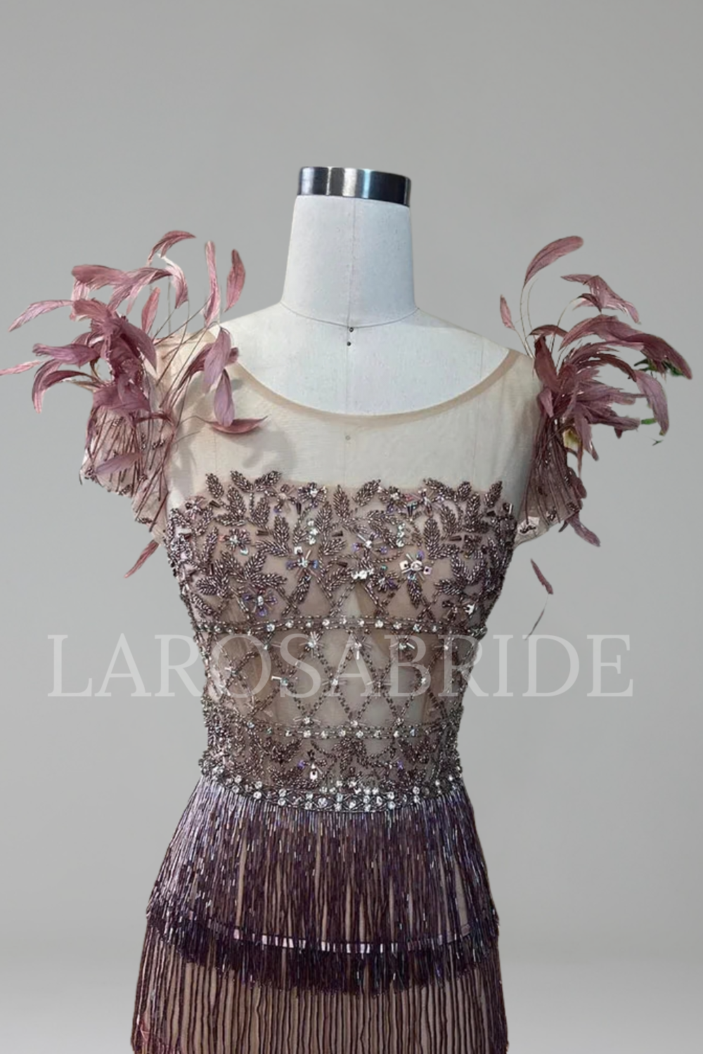 Feather Tassel Beaded Evening Dress - LAROSABRIDE