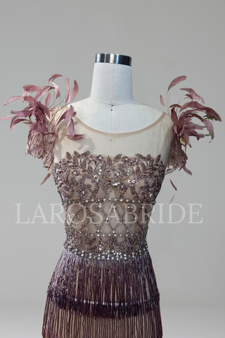 Feather Tassel Beaded Evening Dress - LAROSABRIDE