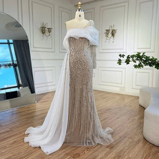 Draped Beaded One-Shoulder Gown