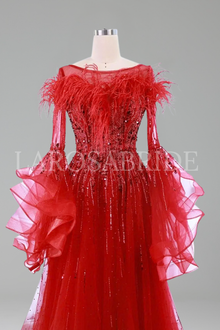 A-Line Beaded Bodice Puffy Long Sleeves - LAROSABRIDE