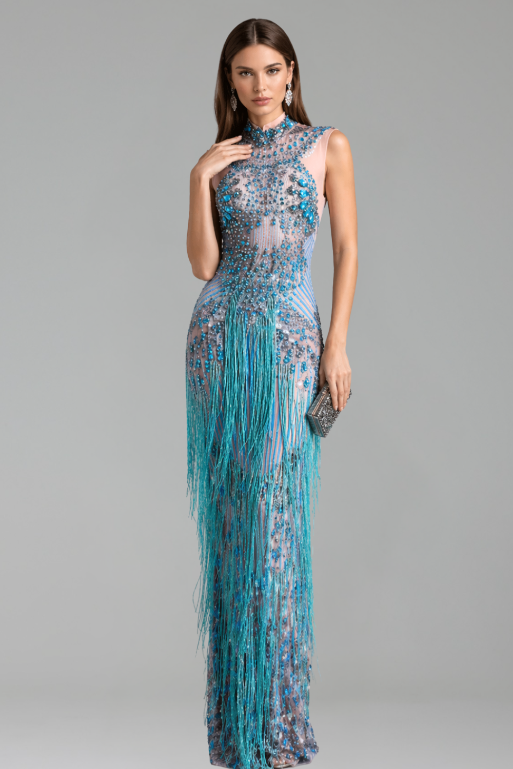 Sheer Crystal Fringe Halter Gown - LAROSABRIDE
