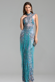 Sheer Crystal Fringe Halter Gown - LAROSABRIDE