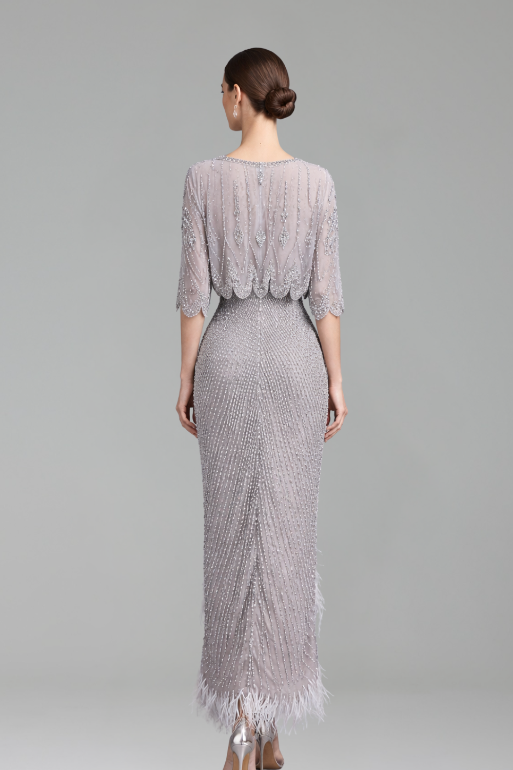 Two-Piece Feather Beaded Midi Evening Dress-Larosabride