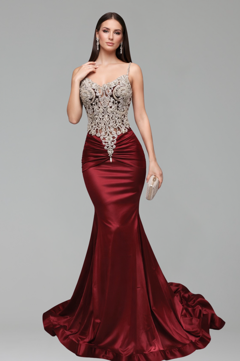 Embellished Satin Mermaid Dress - LAROSABRIDE