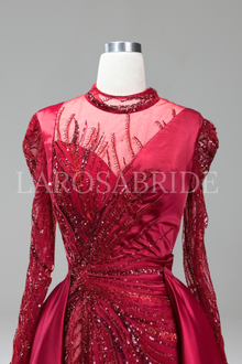 Lace Beaded Satin Mermaid Dress - LAROSABRIDE