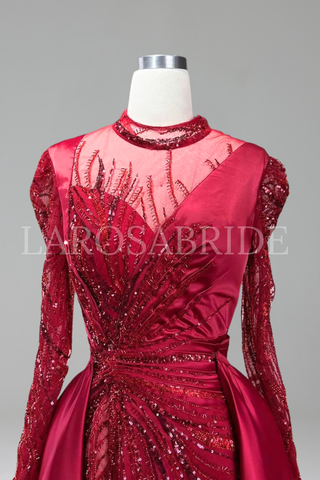 Lace Beaded Satin Mermaid Dress - LAROSABRIDE