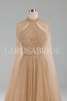 Crystal Beaded A-Line Cape Dress - LAROSABRIDE