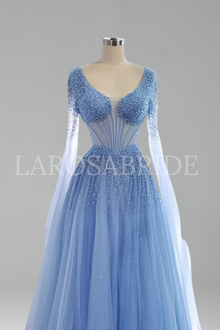 Beaded A-Line Cape Sleeve Gown - LAROSABRIDE