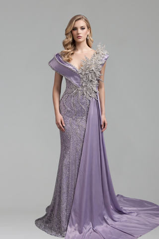 Asymmetric Appliqu� Draped Gown - LAROSABRIDE