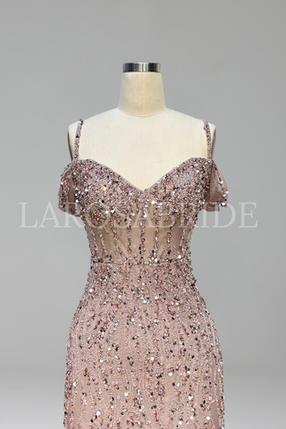 Feather Beaded Split Mermaid Gown