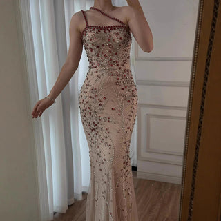 One-Shoulder Ruby Embellished Gown