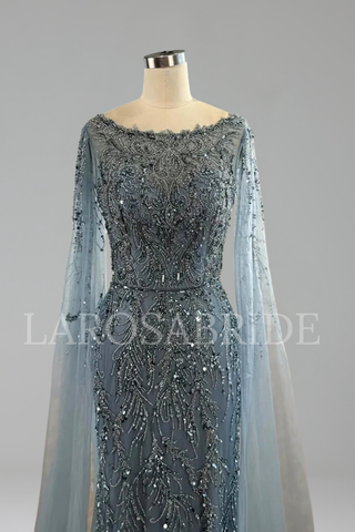Caramel Beaded Evening Gown with Cape Sleeves - LAROSABRIDE