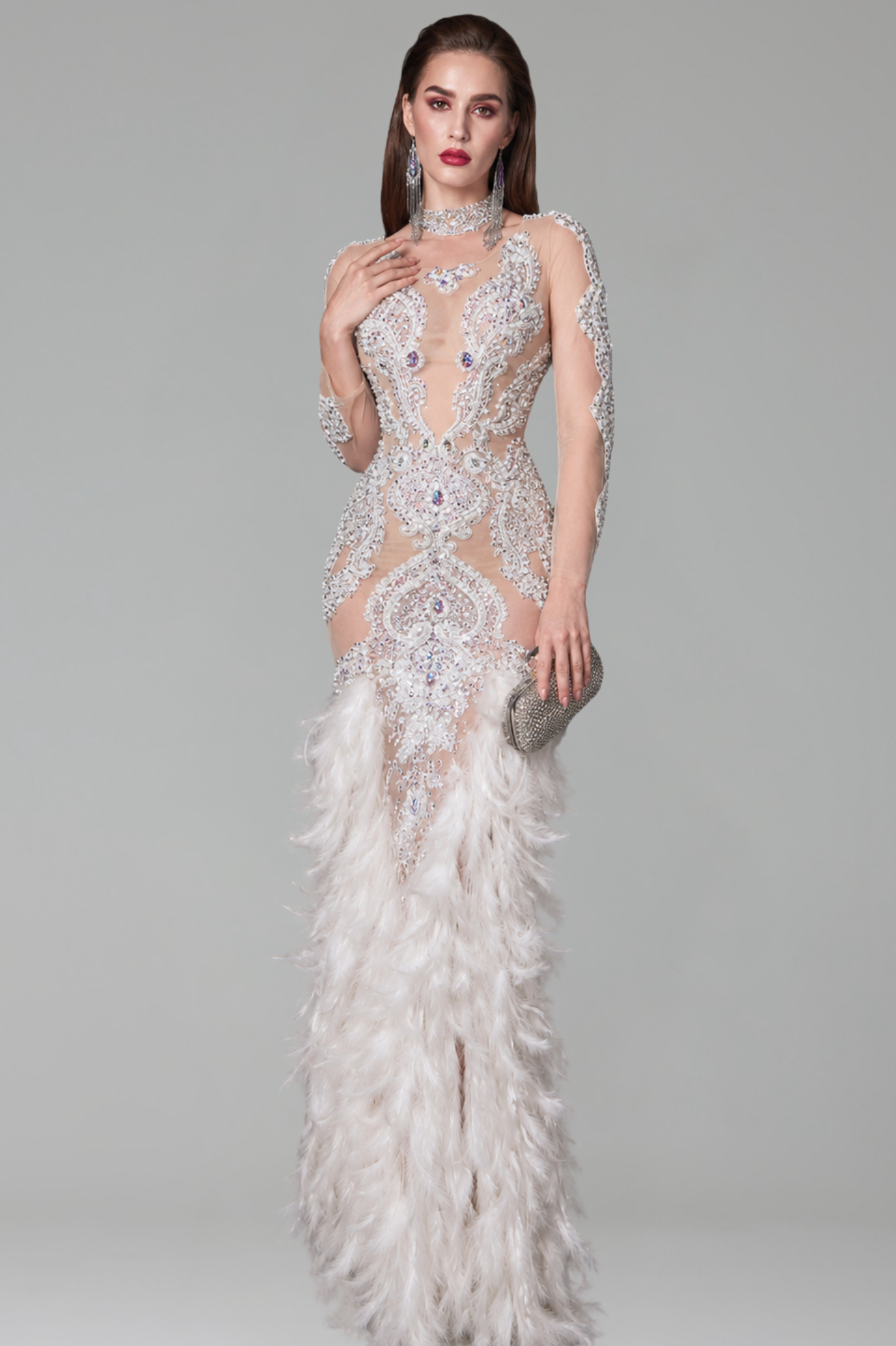 Crystal Feather Illusion Gown - LAROSABRIDE