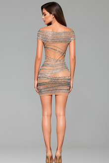 Sheer Rhinestone Off Shoulder Mini Dress - LAROSABRIDE