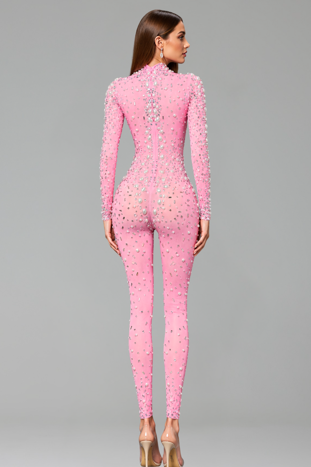 Crystal Embellished Sheer Bodysuit Jumpsuit - LAROSABRIDE