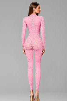 Crystal Embellished Sheer Bodysuit Jumpsuit - LAROSABRIDE