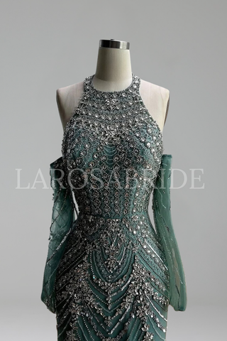 Halter Beaded Mermaid Evening Dress - LAROSABRIDE