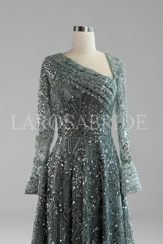 Turquoise Beaded A Line Evening Dress - LAROSABRIDE