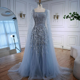 Ships in 2 to 5 Days - Luxury Elegant Blue Beaded A-Line Evening Dress – Formal Gown with Feather Details.