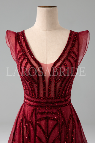 Deep V Crystal Mermaid Evening Dress - LAROSABRIDE