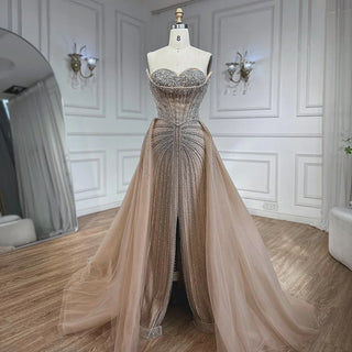 Ships in 2 to 5 Days - Pink Crystal Beaded Mermaid Evening Gown with Overskirt – Customized 2025 Saudi Formal Dress