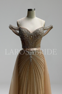 Nude Crystal Beaded Off-Shoulder Mermaid Evening Gown - LAROSABRIDE