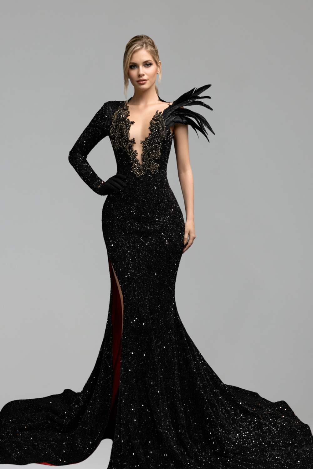 Asymmetric Feathered Slit Evening Gown - LAROSABRIDE