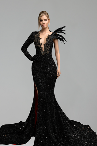 Asymmetric Feathered Slit Evening Gown - LAROSABRIDE