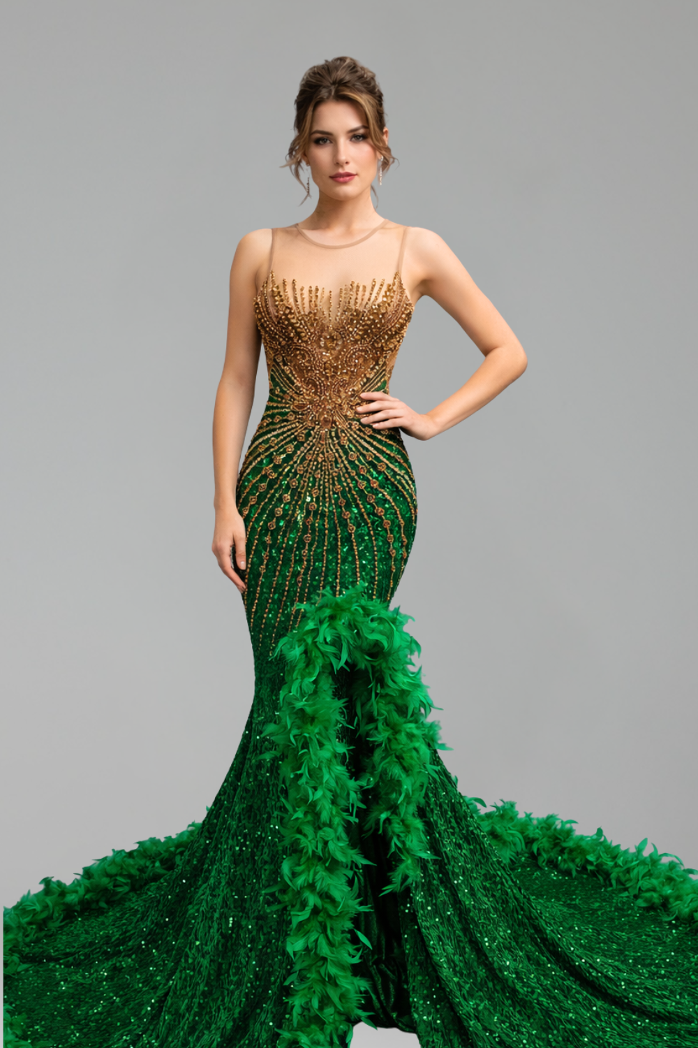 Beaded Feather Trim Mermaid Gown - LAROSABRIDE