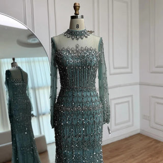 Embellished High-Neck Sheer Sleeve Gown