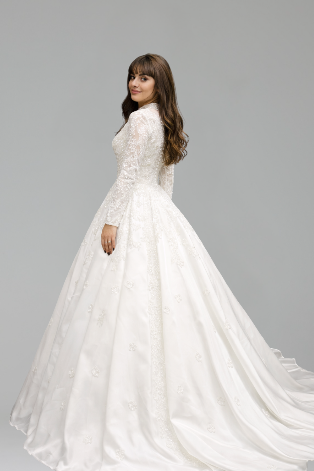 High-Neck Long-Sleeve Wedding Dress-Larosabride