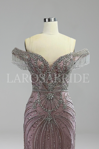 Off Shoulder Crystal Beaded Dress - LAROSABRIDE